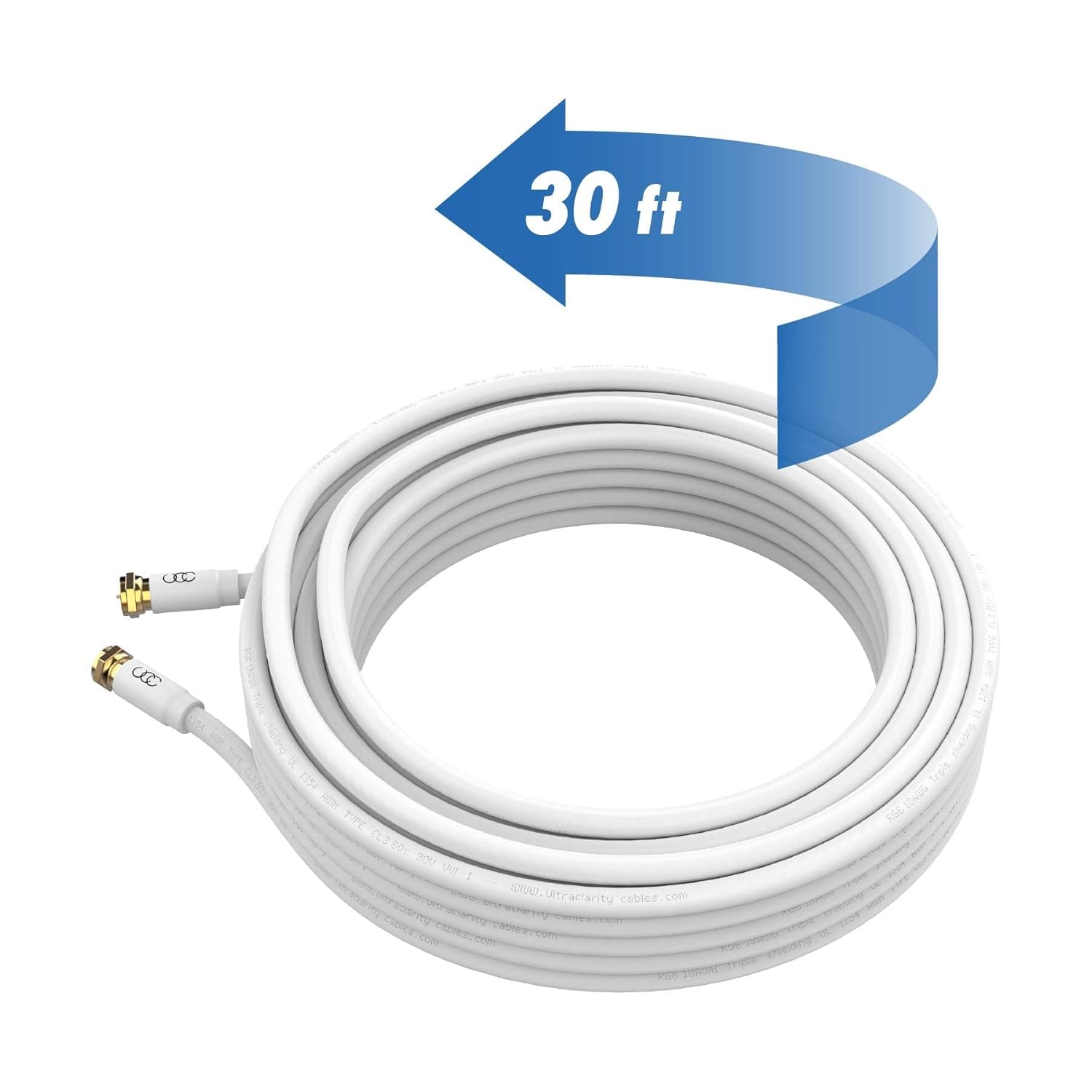 Coaxial Cable (30 Ft) Triple Shielded - RG6 Coax TV Cable Cord Wire In-Wall Rated - Digital Audio Video with Male F Gold Plated Connectors -30 Feet