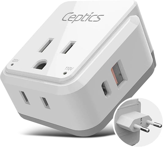 Europe Plug Adapter,  Safe Dual USB & USB-C 3.1A - 2 USA Outlet - Compact & Powerful - Use Euro, Greece, Italy, Switzerland, Turkey, Portugal - Includes Type C Swadapt Attachment